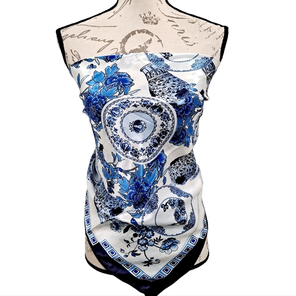 💖 2/$30 Satin Floral Nautical White Blue neck hair head bandana square scarf - Picture 11 of 13